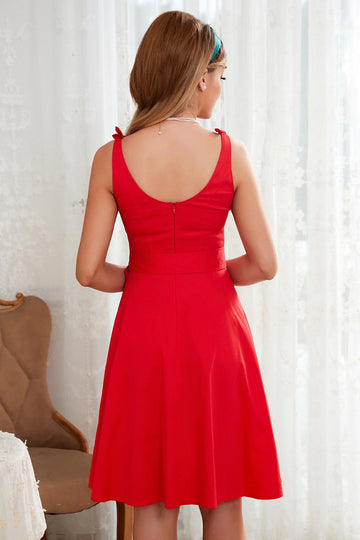 Vestido Bowknot do Pescoço Quadrado Vermelho dos anos 50